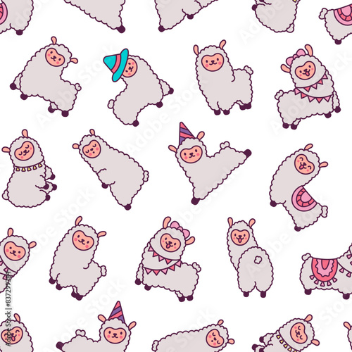 Cute kawaii little llama. Seamless pattern. Cartoon funny alpaca, animals character. Hand drawn style. Vector drawing. Design ornaments.