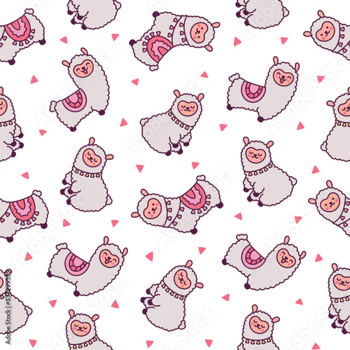 Cute kawaii little llama. Seamless pattern. Cartoon funny alpaca, animals character. Hand drawn style. Vector drawing. Design ornaments.