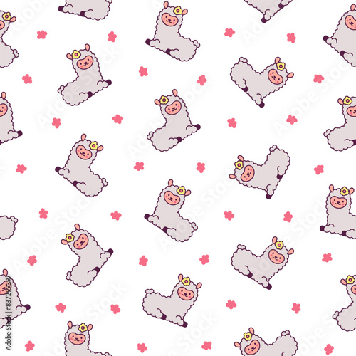 Cute kawaii little llama. Seamless pattern. Cartoon funny alpaca, animals character. Hand drawn style. Vector drawing. Design ornaments.