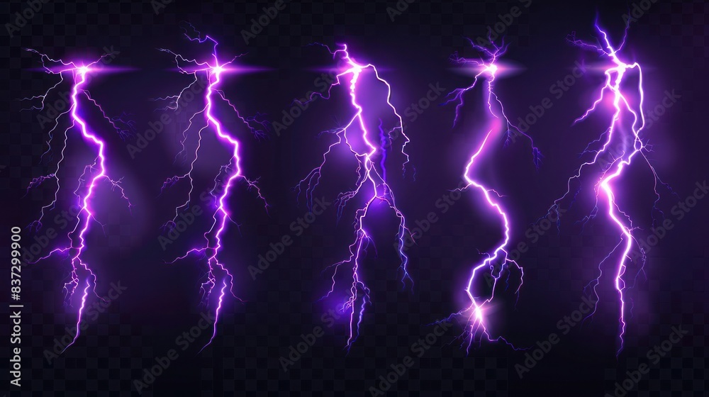 Animation sprite sheet of thunderbolt strike. Purple lightning, electric power impact, thunderstorm energy discharge isolated on transparent background, vector realistic set Animation sprite sheet of thunderbolt strike. Purple lightning, electric power impact, thunderstorm energy discharge isolated on transparent background, vector realistic set