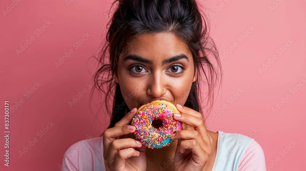 Indian Woman Eating A Delicious Colored Donuts And Have An Expression Of Pure Satisfaction Indian Woman Eating A Delicious Colored Donuts And Have An Expression Of Pure Satisfaction