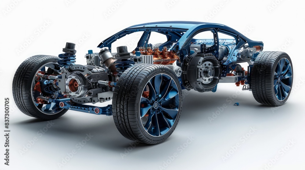 An image of a car chassis with an engine is isolated on a white background. An image of a car chassis with an engine is isolated on a white background.