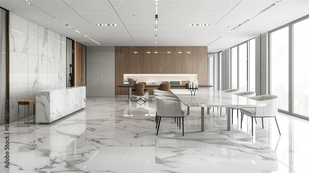Elegant open space office in monochrome style with marble floors, white furnishings, and wooden tables. Elegant open space office in monochrome style with marble floors, white furnishings, and wooden tables.
