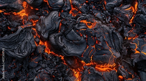 Close up detail of a black rock with red hot glowing lava