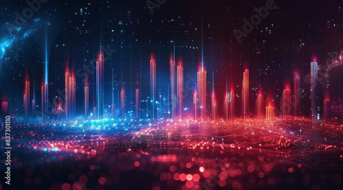 Abstract Digital Cityscape With Red And Blue Lights At Night