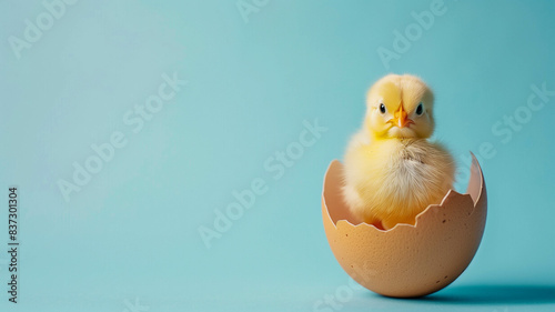 A little yellow chick in a cracked eggshell on a blue background, with copy space