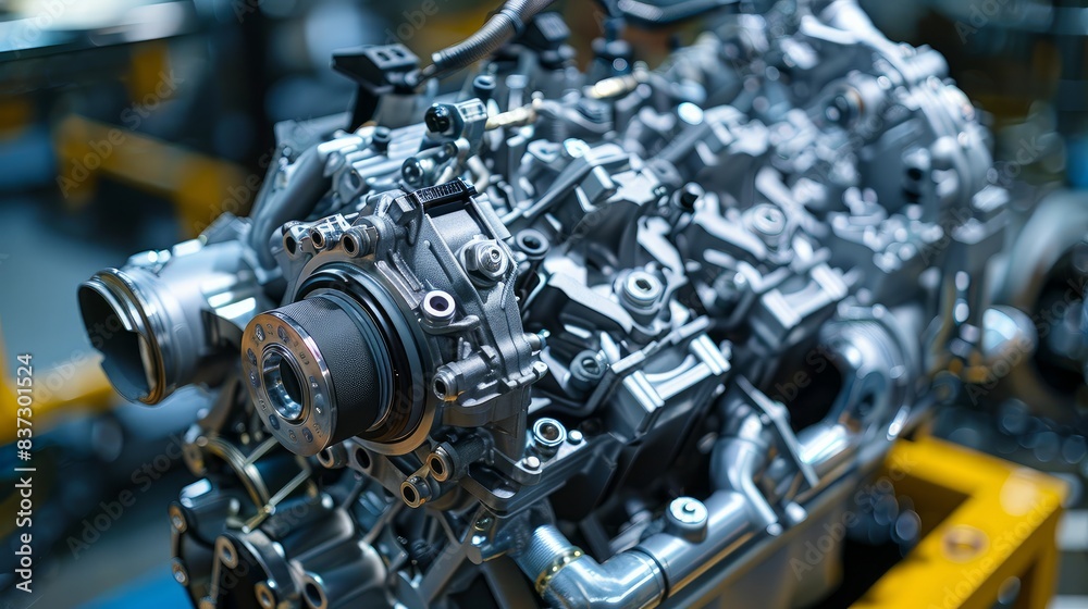 Fototapeta premium An internal combustion engine's close-up image highlights a car engine part.