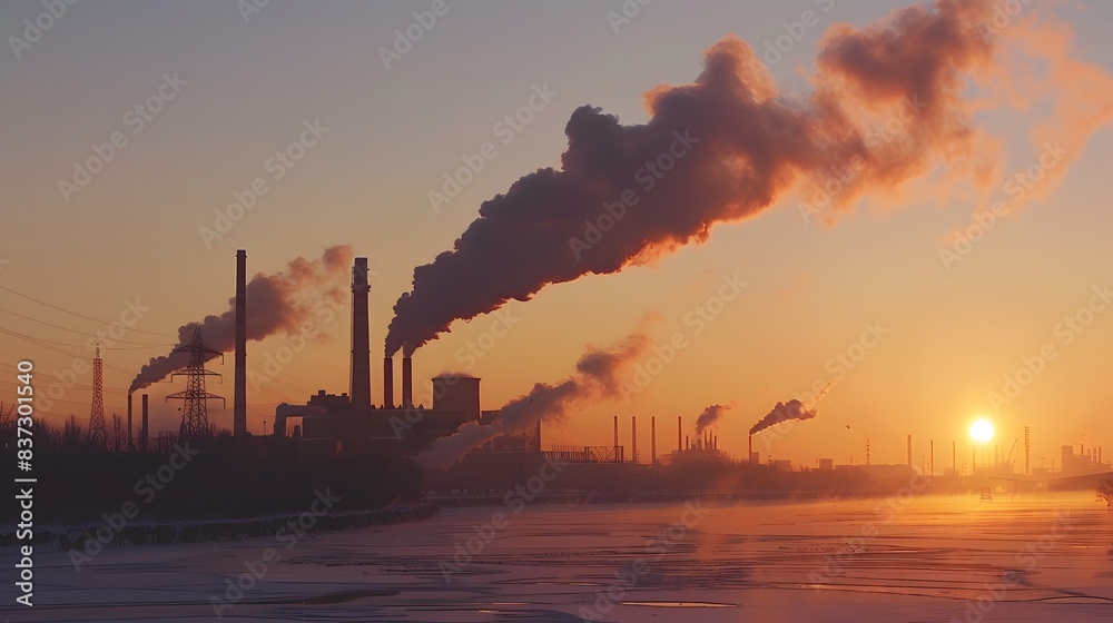Winter sunset, silhouetted power plant with smoke from burned coal pipes visible Winter sunset, silhouetted power plant with smoke from burned coal pipes visible