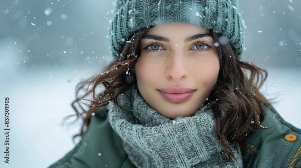 Woman in Knitted Hat and Scarf Standing in Winter Snow Woman in Knitted Hat and Scarf Standing in Winter Snow