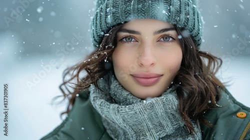 Woman in Knitted Hat and Scarf Standing in Winter Snow