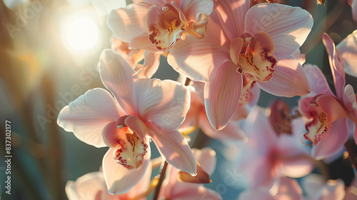 Pink orchid flowers close up photo