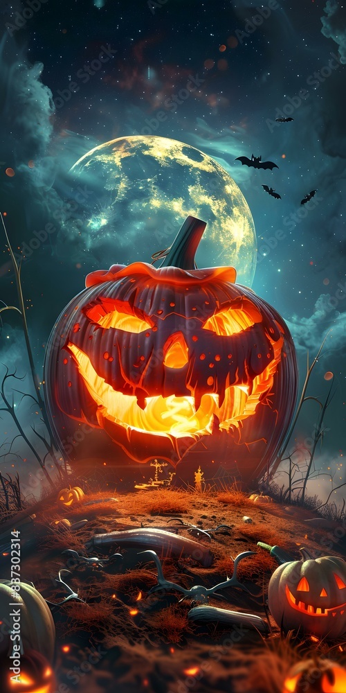 Naklejka premium A spooky pumpkin glowing in the moonlight on Halloween night.