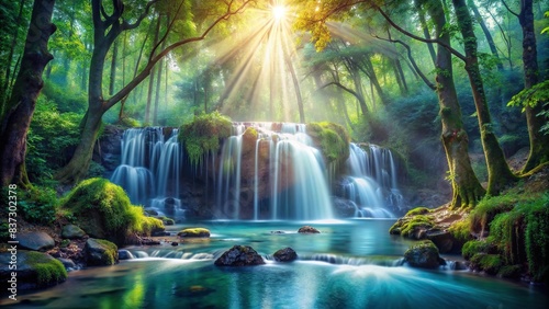 Serene forest waterfall surrounded by mystical aura, perfect for a fantasy or magical setting photo
