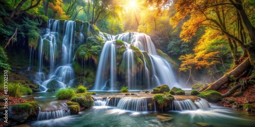 Enchanting waterfall cascade in the mystical forest