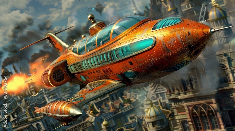 Panorama of the city with a large orange futuristic spaceship hovering above it. Panorama of the city with a large orange futuristic spaceship hovering above it.