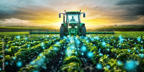 Modern farm tractor plowing field with digital technology overlay, showcasing smart agriculture at sunrise.