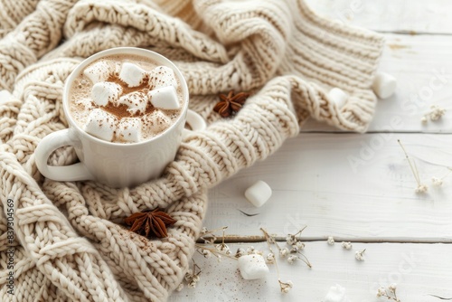 Cozy winter composition, cup with hot chocolate or cocoa with marshmallow and pile of warm knitted clothes on white wooden rustic background. Comfy and soft winter at home, free space for text