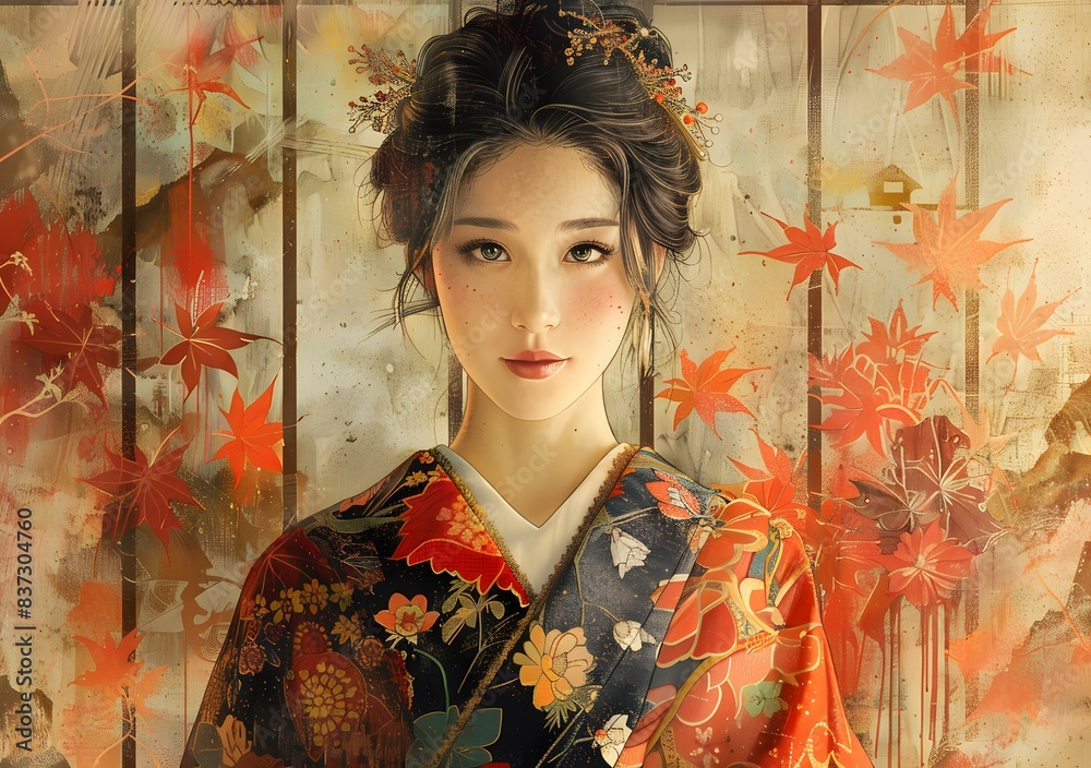 Beautiful Woman in Traditional Japanese Kimono with Autumn Leaves Background Beautiful Woman in Traditional Japanese Kimono with Autumn Leaves Background