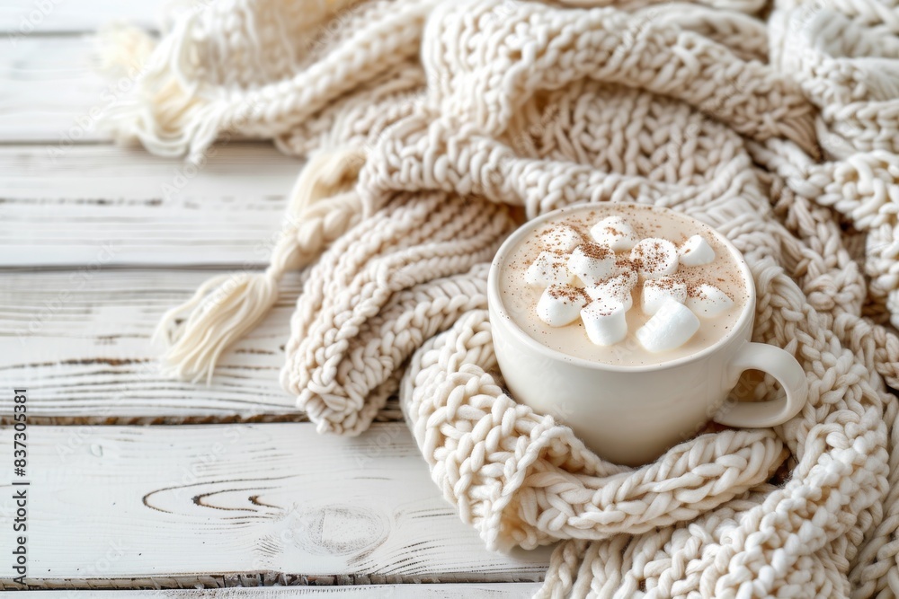 Cozy winter composition, cup with hot chocolate or cocoa with marshmallow and pile of warm knitted clothes on white wooden rustic background. Comfy and soft winter at home, free space for text Cozy winter composition, cup with hot chocolate or cocoa with marshmallow and pile of warm knitted clothes on white wooden rustic background. Comfy and soft winter at home, free space for text