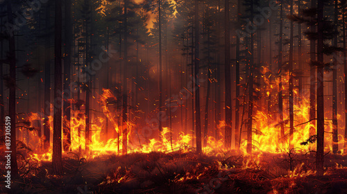 forest fire burning pine trees