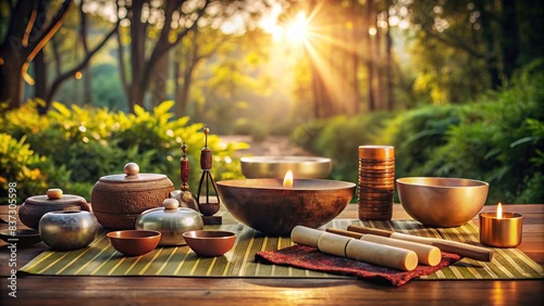 A tranquil image of sound healing therapy instruments and yoga meditation props for relaxation and well-being