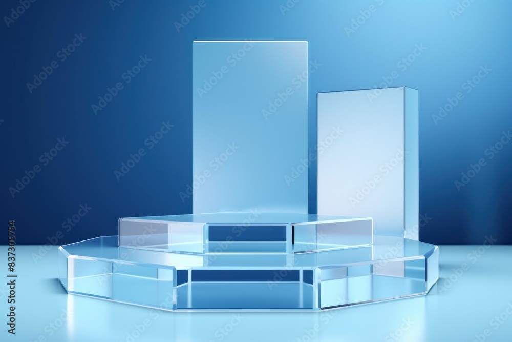 Transparent Platforms with Blue Geometric Backdrop Transparent Platforms with Blue Geometric Backdrop