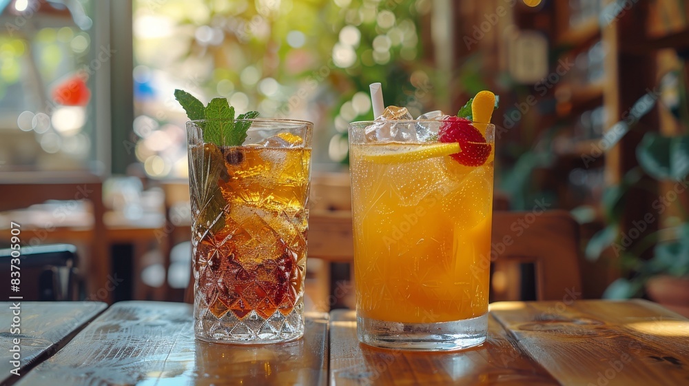 Two Refreshing Cocktails With Orange Garnish on a Wooden Bartop Two Refreshing Cocktails With Orange Garnish on a Wooden Bartop