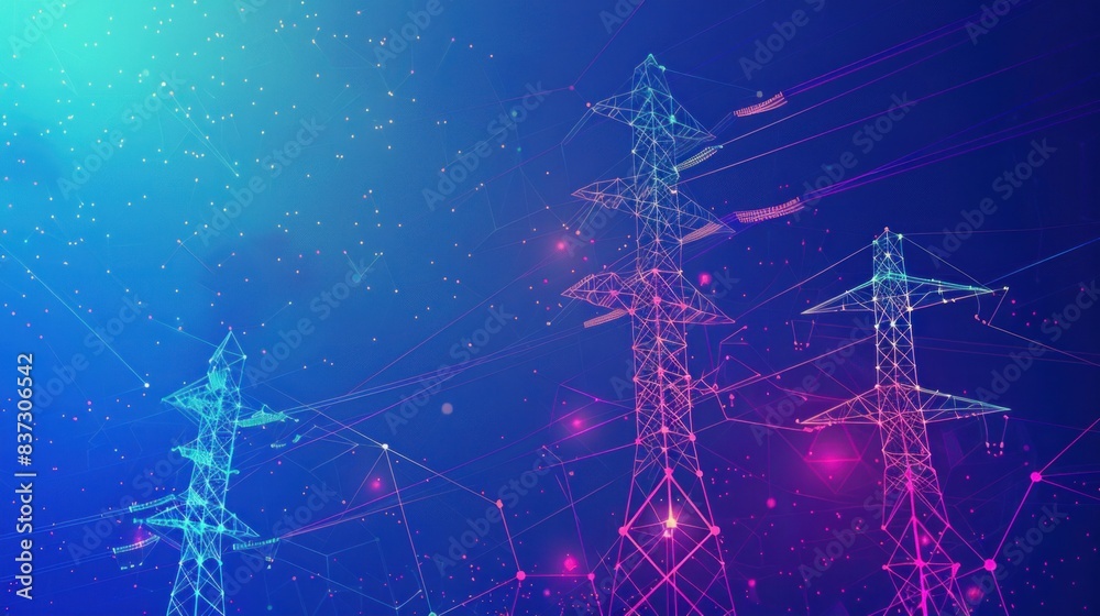 Towers of power lines are depicted with a polygonal design of lines and dots against a blue background.