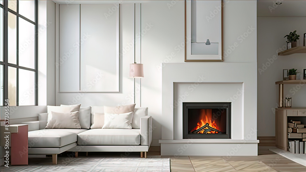 Fototapeta premium cozy place in home interior, soft sofa in front of burning fireplace, wall and photo frame, modern minimalist interior