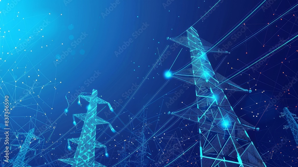 Towers of power lines are depicted with a polygonal design of lines and dots against a blue background. Towers of power lines are depicted with a polygonal design of lines and dots against a blue background.
