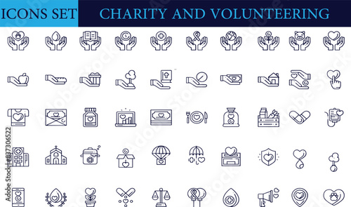 Charity and Volunteering Editable Icons set. Vector illustration in modern thin line style of philanthropic icons: almsgiving, helping those in need, donation, contribution, humanism, altruism