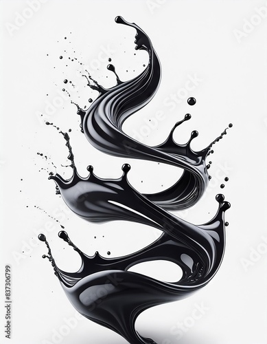  black water or juice wave flow with splatters, isolated realistic liquid swirl 