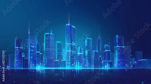 Urban high-rise business centers and buildings are depicted with polygonal construction of lines and points against a blue background.