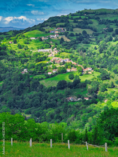 Piñera village and Sierra de Peñamayor in background, Bimenes municipality, Asturias, Spain photo