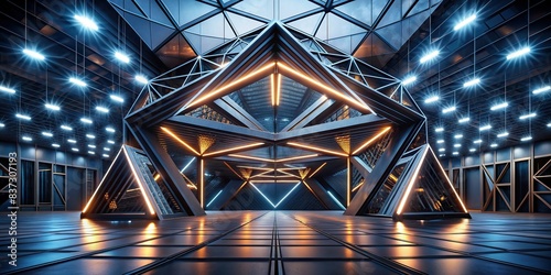 Futuristic dark geometric structure with lights
