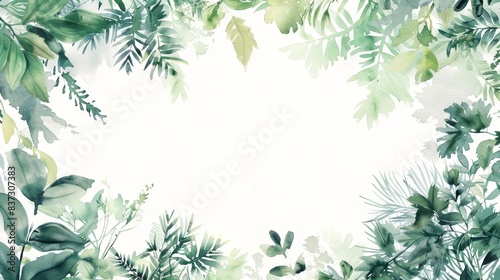 Nature-inspired watercolor rainforest canopy frame, featuring lush foliage in a delicate watercolor illustration, isolated on white background
