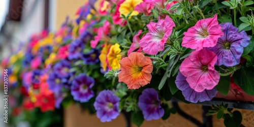 Vibrant Petunia Flowers Blooming on a Window Box in Summer