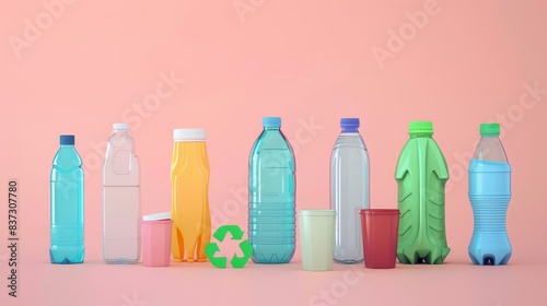 Recyclable plastic types in a flat design, front view, and 3D render with pastel colors. Great for waste reduction and eco-friendly themes