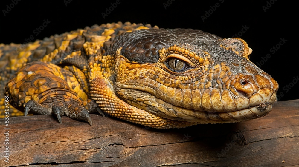 A close-up of a large lizard on a tree branch against a dark background A close-up of a large lizard on a tree branch against a dark background