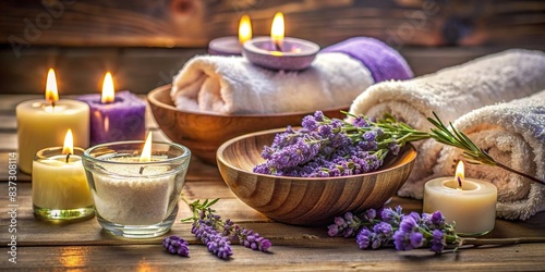 Serene spa setting with soft towels  glowing candles  aromatic lavender  and a bowl of oil  evoking a feeling of peacefulness and rejuvenation