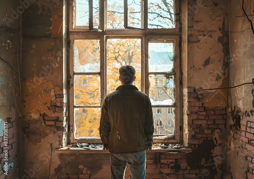 man looking out window in ruined building