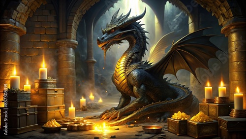 A black dragon guards a hoard of gold in a dimly lit room filled with candles and gold bars, creating a smoky atmosphere photo