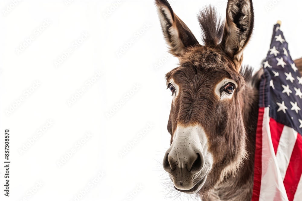Donkey standing with US flag on white background Donkey standing with US flag on white background