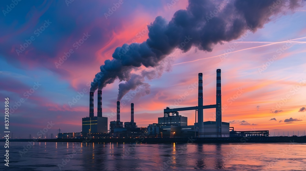 Winter sunset, silhouetted power plant with smoke from burned coal pipes visible Winter sunset, silhouetted power plant with smoke from burned coal pipes visible