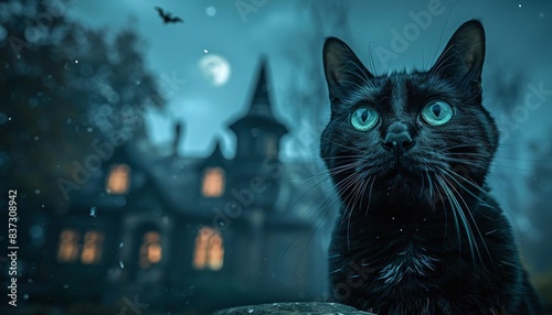 A realistic black cat with gleaming eyes, sitting in the lowerright third, with a haunted house in the background under a full moon photo