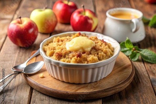 Delicious apple crumble dessert served with rich custard, apple, crumble, dessert, food photography, sweet, tasty, baking, homemade, comfort food, warm, golden, crispy, delicious, tasty