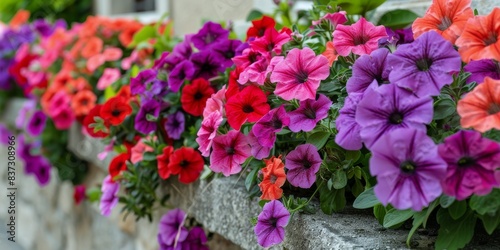 Colorful Petunias Blooming Along Stone Wall in European Town
