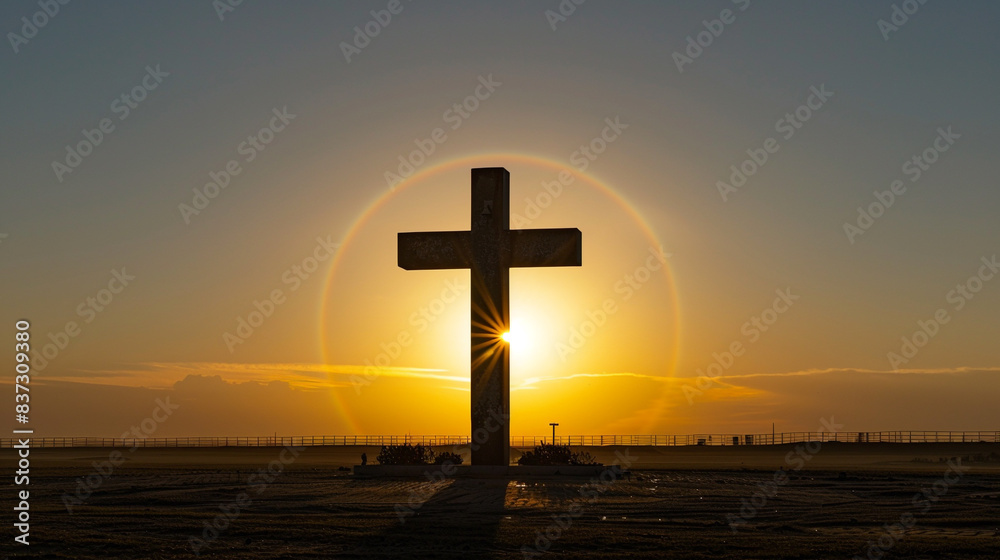 A Christian cross silhouetted against a brilliant sunrise, with the sun peeking just behind the cross, creating a radiant halo effect in the sky.