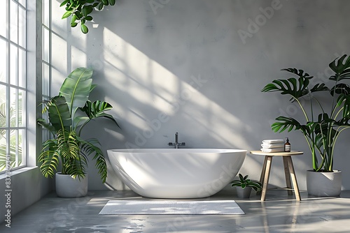 Modern bathroom Scandinavian interior with white tub, table and plants. Empty neutral grey wall for mockup. Promotion background.