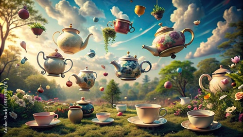 Whimsical scene inspired by Alice in Wonderland featuring flying teapots and cups